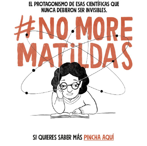 Cartel de la campaña #NoMoreMatildas de AMIT, con una niña leyendo rodeada de órbitas atómicas